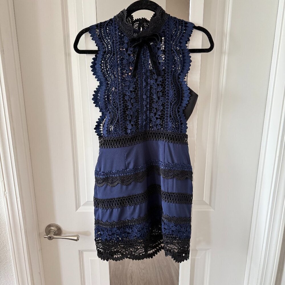 Self Portrait Bellis Navy Lace High Neck Bandeau Top Mini Cocktail Party Dress 4 - Picture 2 of 5